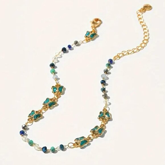 ANKLE Bracelet Butterflies Beaded Gold TEAL Chain NEW - Picture 3 of 7